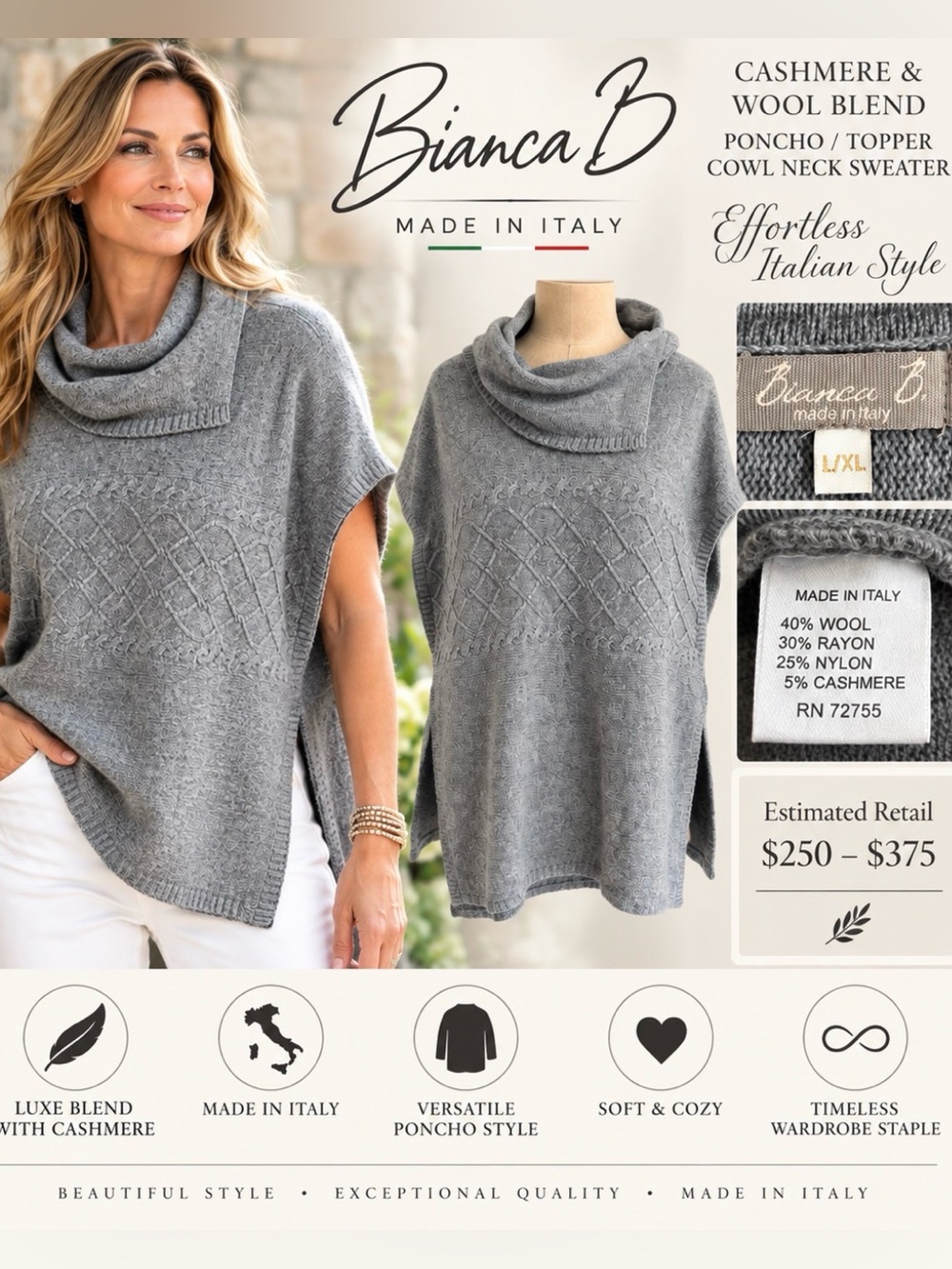 Bianca B cashmere and wool blend poncho / topper cowl neck sweater L/XL Italian